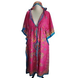 Looking Glam pink blue bohemian colorful hooden tie-front kaftan cover-up, OS